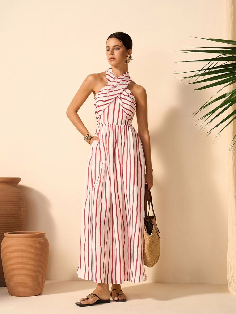 Commense Striped Halter Maxi Dress L